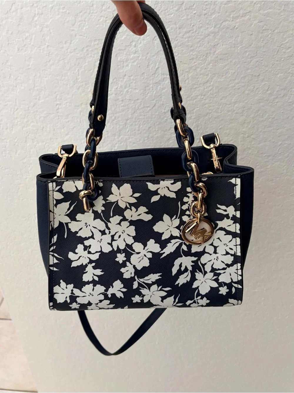 Michael Kors Navy and White Floral Tote with Matching Zip Wallet